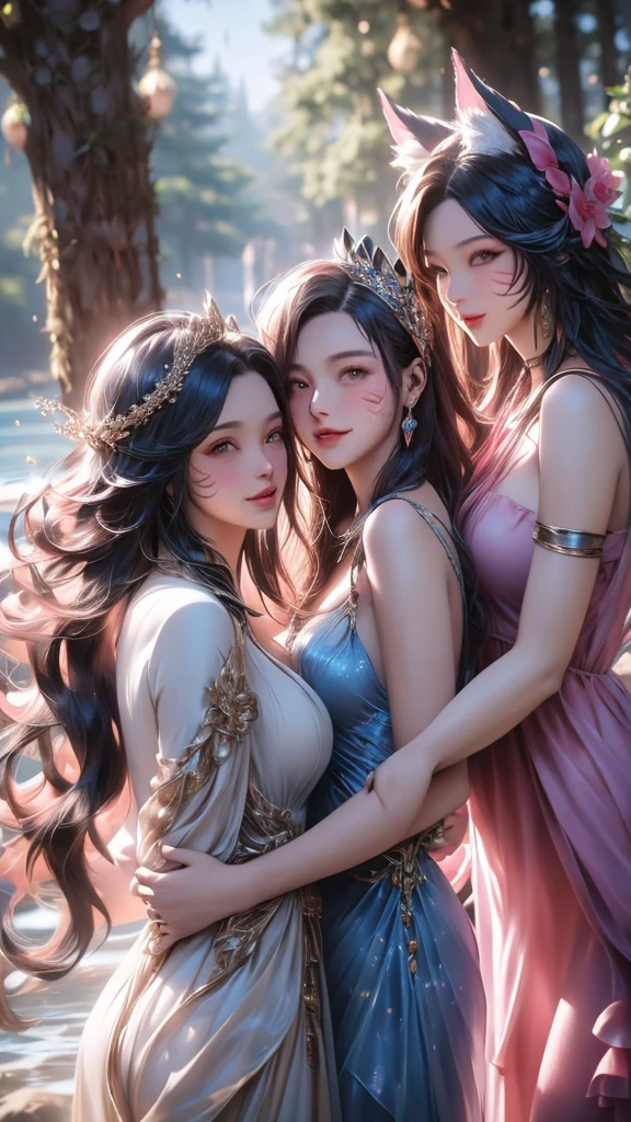 Realistic , photorealistic , masterpiece , best quality , super quality , ((ultra detailed)), extremely detailed , highers , Raw Photo , 16k portrait , curvy , big Smile , full body , Beautiful and pretty hair , ultrahappy , (Playing in groups) , Maxi dress , Side angle , (Group hug) , fantasy