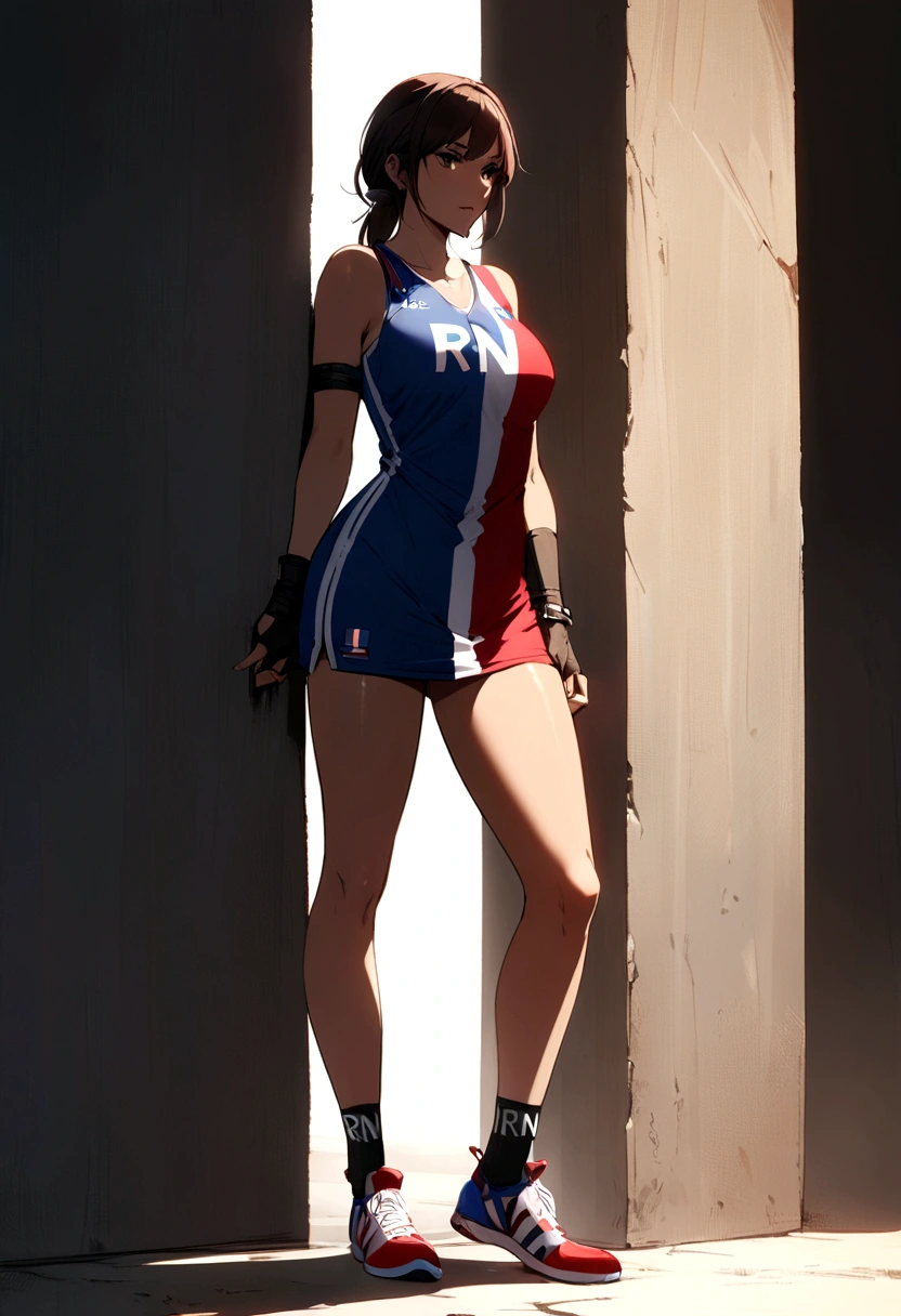 Lara Croft wearing the French jersey with the word (RN) written on it, French flag at her feet