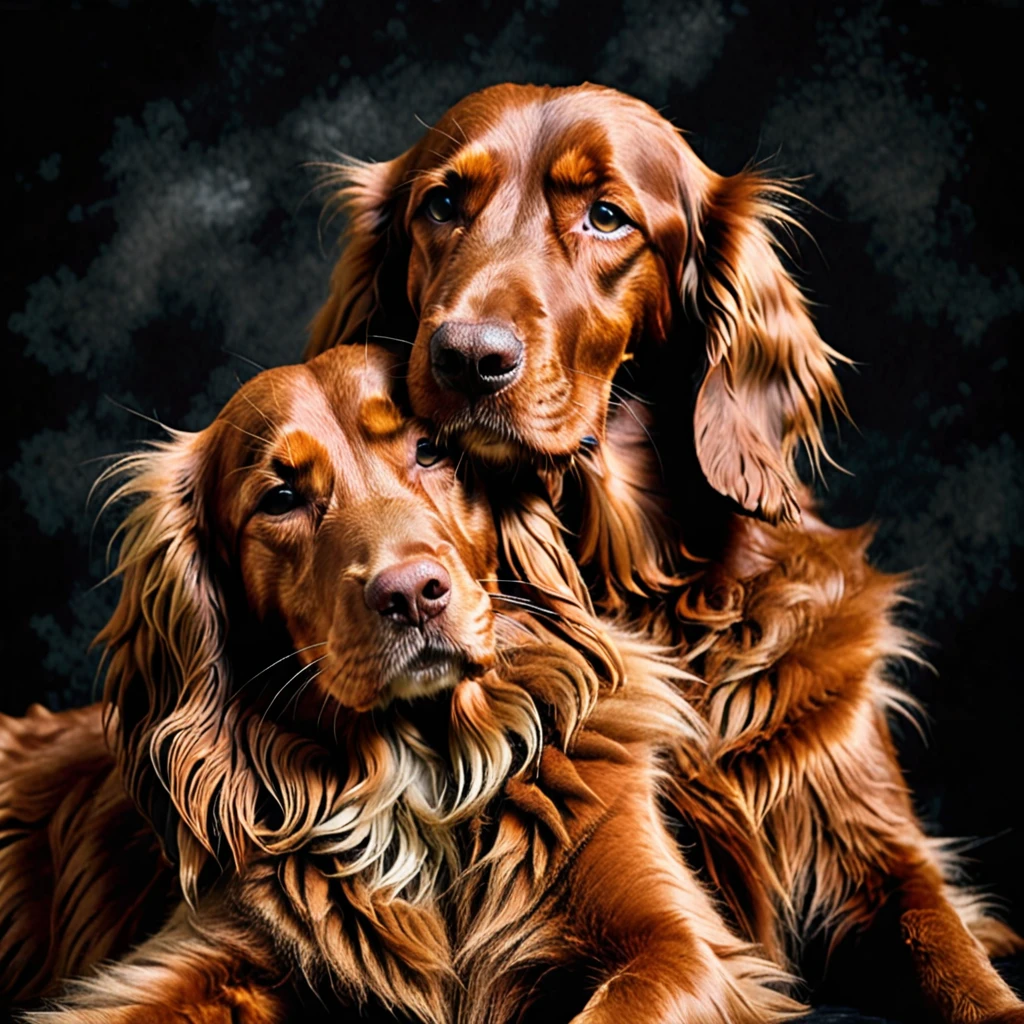 Create a realistic photo of an Irish Setter and a Mainecoon cat hugging each other passionately with their eyes closed and their heads resting against each other against a dark mottled background.  It&#39;s obvious that they love each other very much, pele photorrealistic, detailed, photorrealistic