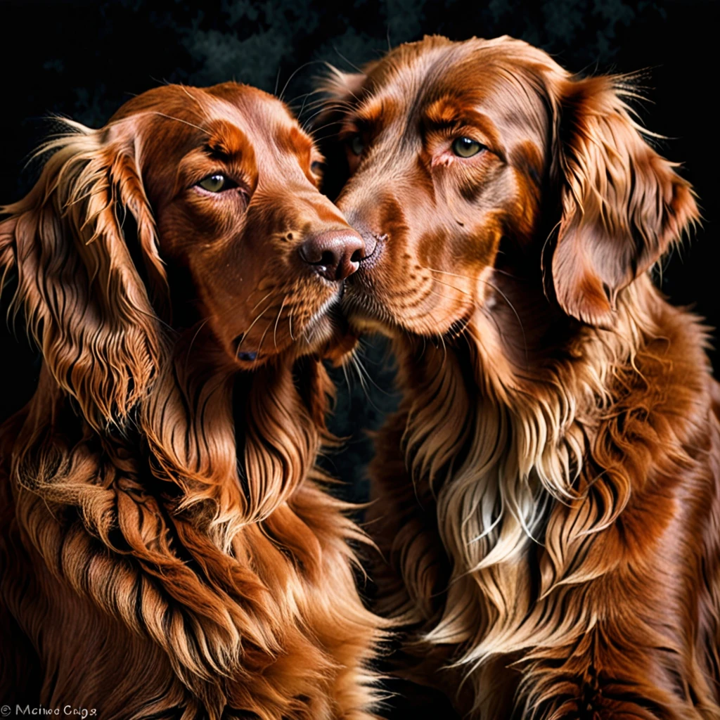 Create a realistic photo of an Irish Setter and a Mainecoon cat hugging each other passionately with their eyes closed and their heads resting against each other against a dark mottled background. It's obvious that they love each other very much, pele photorrealistic, detailed, photorrealistic
