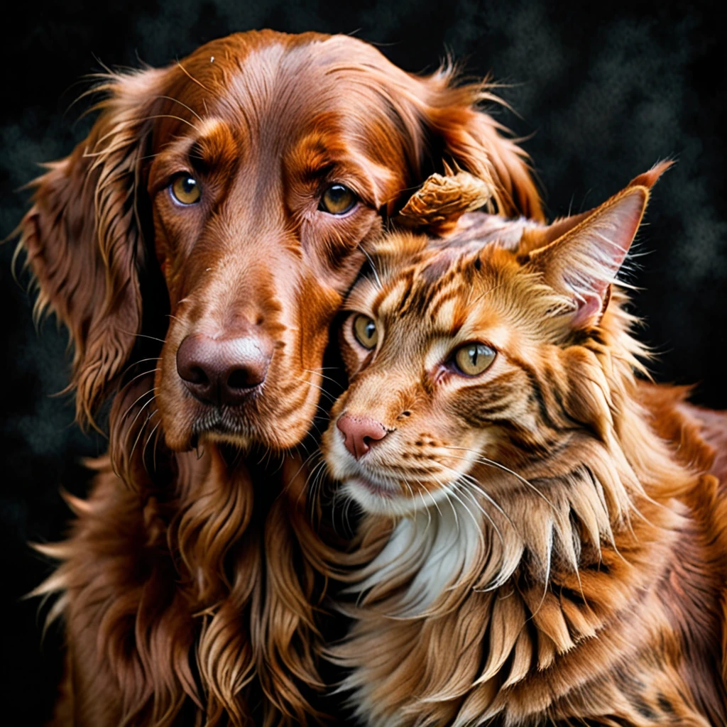 Create a realistic photo of an Irish Setter and a Mainecoon cat hugging each other passionately with their eyes closed and their heads resting against each other against a dark mottled background. It's obvious that they love each other very much, pele photorrealistic, detailed, photorrealistic