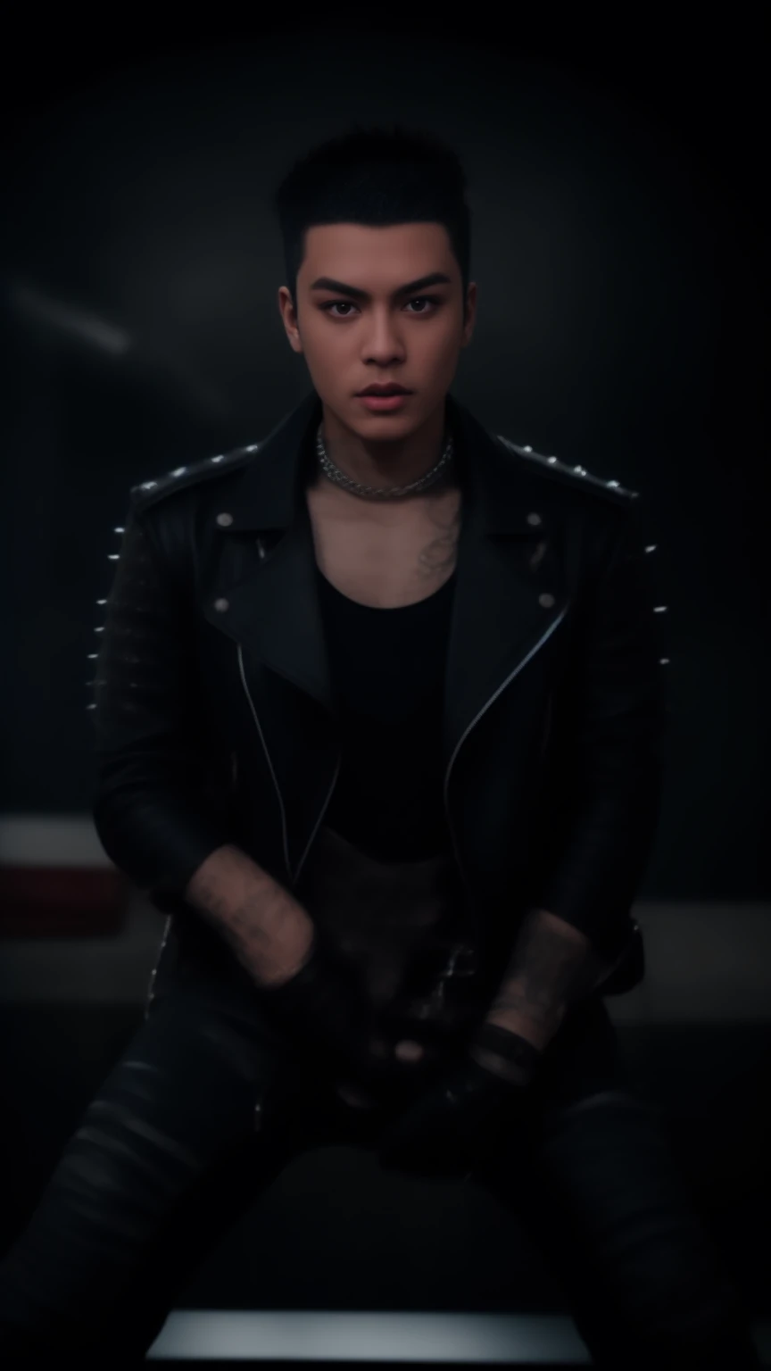 punk rock singer asian guy with chains and spikes. bold appearance; A powerful male punk rock star; black leather A black leather jacket and ripped jeans; black eyeliner and black lipstick; heavy music strong man tall and tall standing guitar solo guitar on fire male solo electric guitar; male punk guitarist male guitar player electric guitars made of metal; Flames on stage men's Rock Concert;