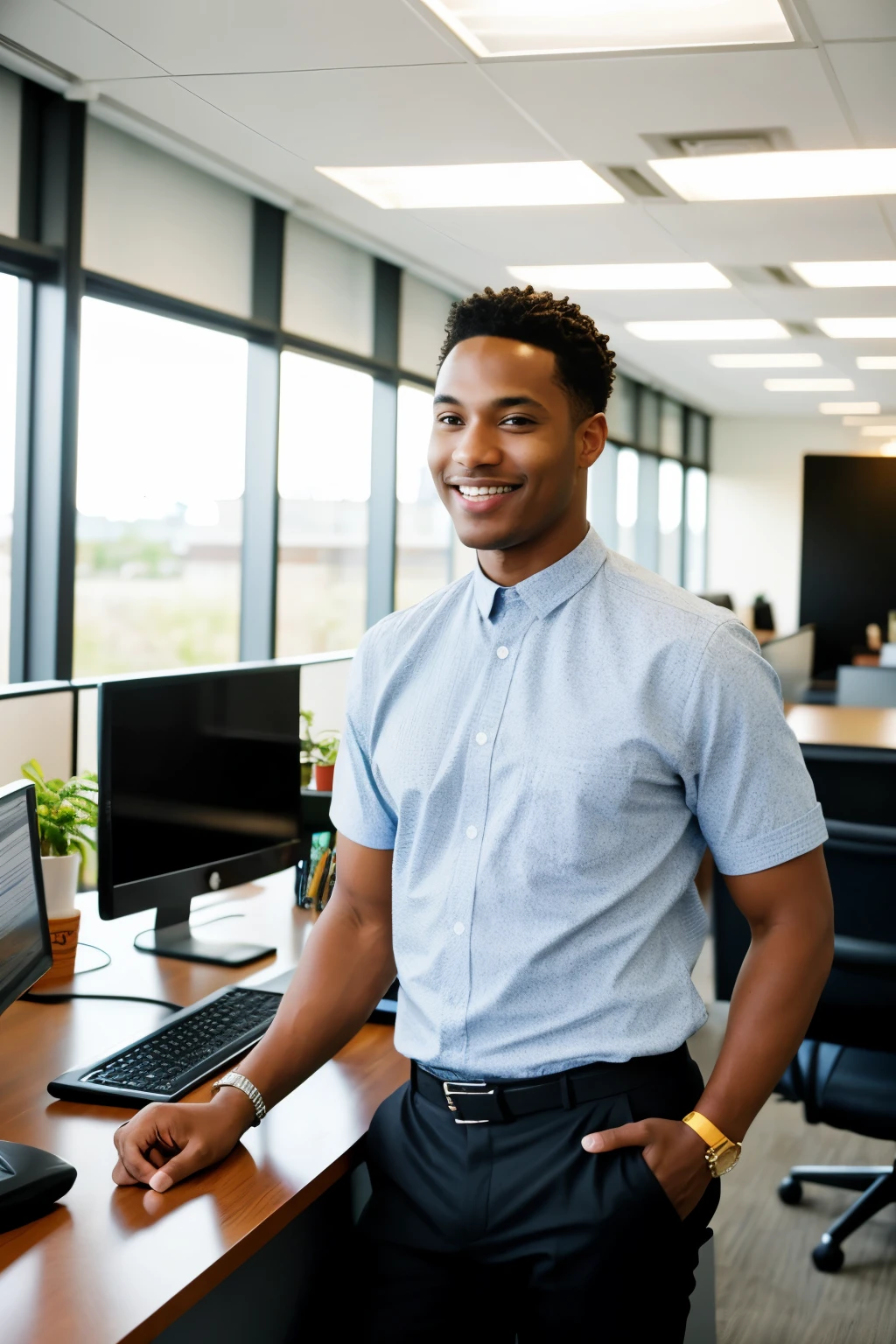 photo realistic office man in his late, he is a black man with short hair who is wearing wearing colourful casual clothes with a modern open plan office as the background