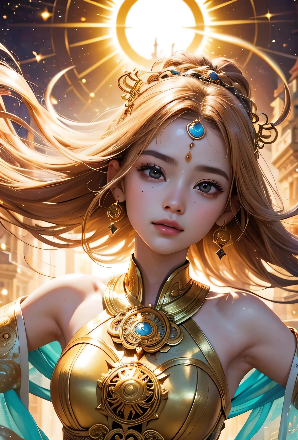"Child of the Sun, Goddess of Love": Within a sacred sanctuary bathed in sunlight, depict the figure of a sun goddess who governs love, facing forward and emanating divine radiance. She is a , around . Zoom in to focus on her face, with a gleaming orb of light in her hands, representing the life-giving power of the sun. Her hair is shimmering gold, and she is wearing a traditional miko outfit as seen in Japanese shrines. The background should be predominantly gold, evoking a sense of divine splendor, with numerous heart-themed objects expressing the beauty of love. The setting is in heaven, enveloped in soft, bright light, where one can find tranquility and peace of mind, free from any trace of anxiety.