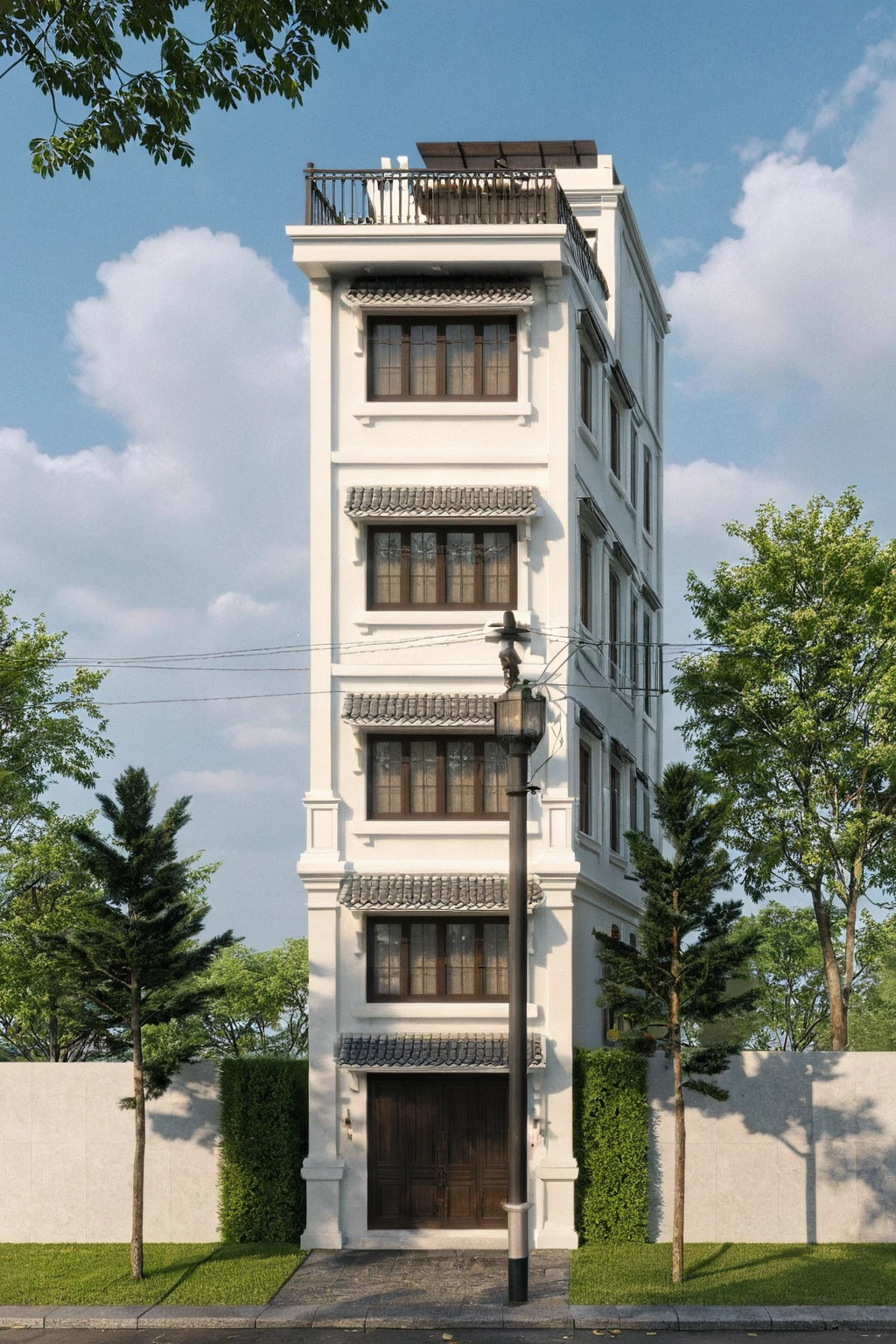 Raw photo,Masterpiece, high quality, best quality, authentic, super detail,
exterior, outdoors, house style indochine on the street ,aiaigroup
road,pavement, grass, trees, sky, cloud, (day:1.1)