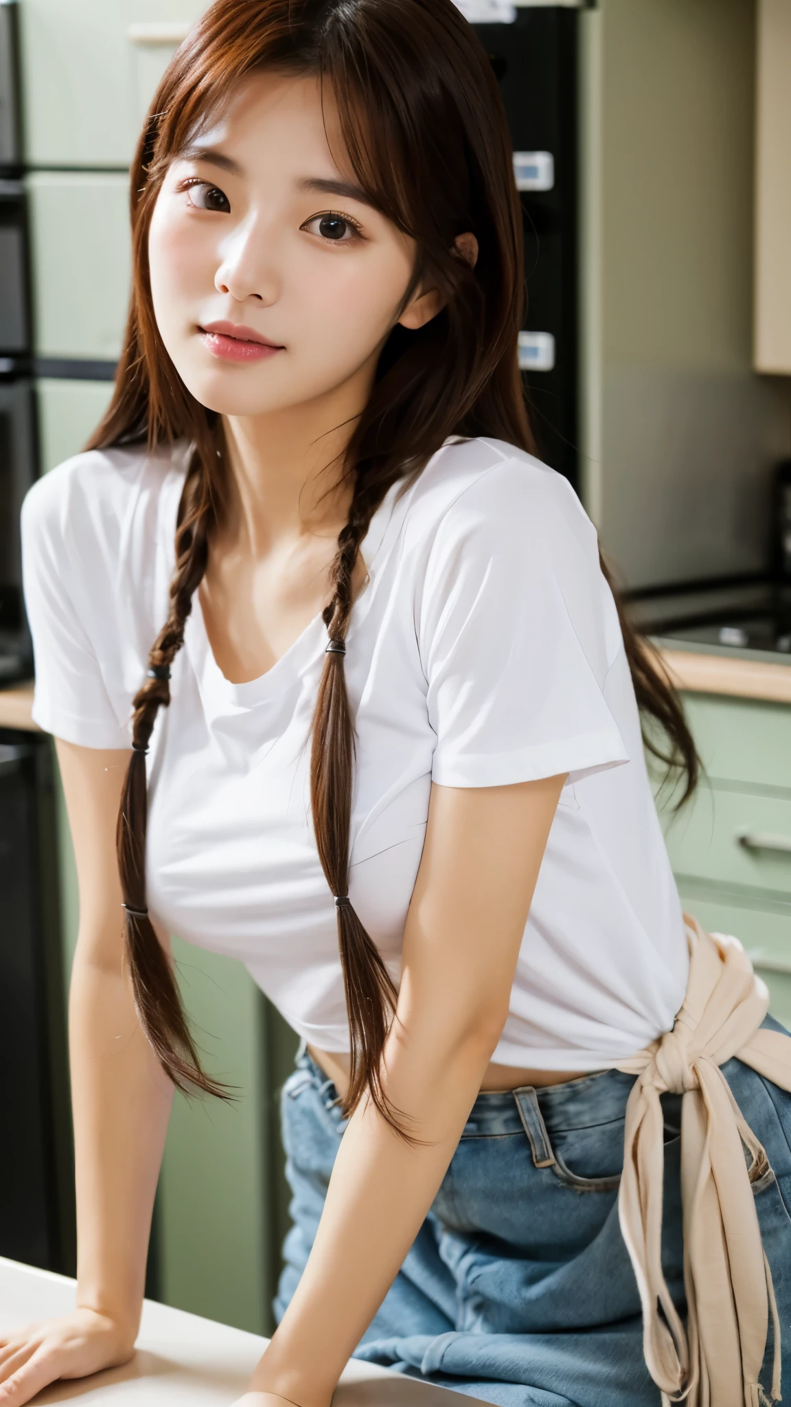 extreme close-up of beautiful korean female, 34 inch breasts size, tied hair, wearing t-shirt, in the kitchen, UHD