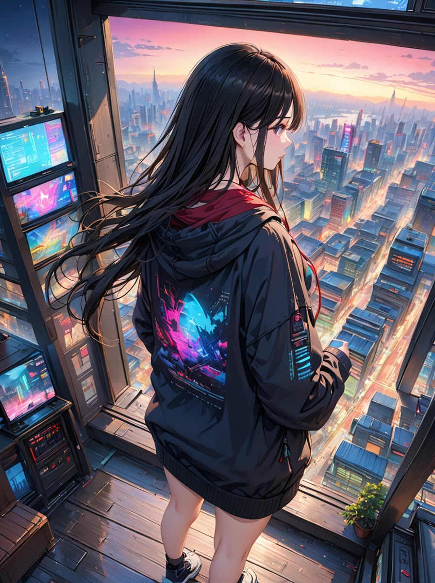 1girl, long hair, black hair, black hoodie,cyberpunk, futuristic, cityscape, cityview, cityscape at night, standing on top of tower, control theory, far from camera, back to camera, (best quality,4k,8k,highres,masterpiece:1.2),ultra-detailed,(realistic,photorealistic,photo-realistic:1.37),neon lights,intricate details,moody atmosphere