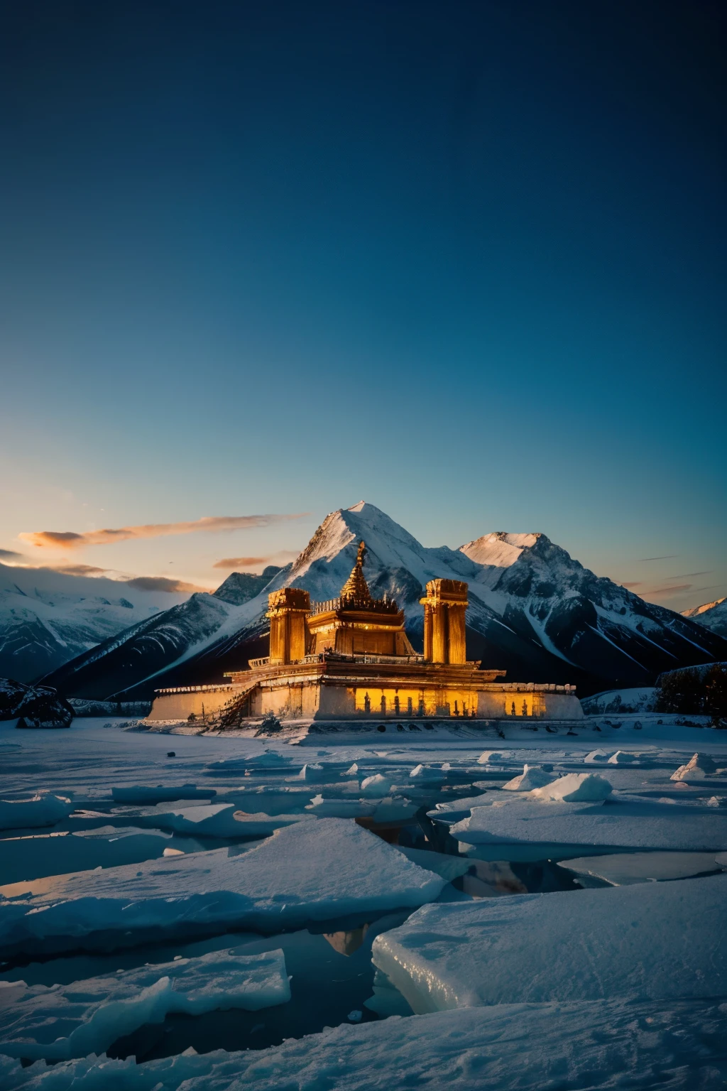 Draw mountains of ice with a temple of fire on top