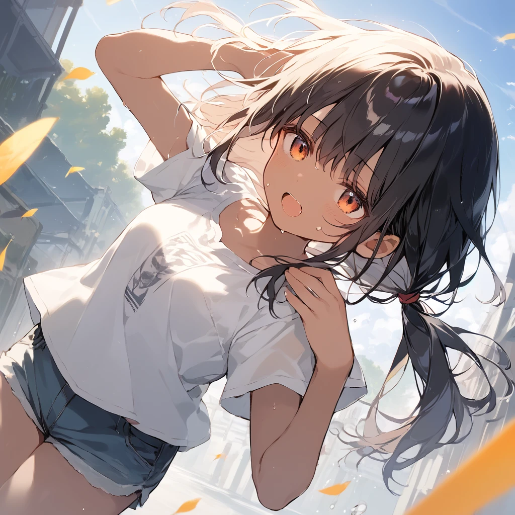 score_9, score_8_up, score_7_up, source_anime, best quality, masterpiece, official art, absurdres, highres, ultra-detailed,waifu2x,Collection: Slice of Life,break,1girl, tomboy, dark-skinned female, short hair, low ponytail, small breasts, beautiful detailed eyes, short shorts, sweat, open mouth, (yawn:0.3), sleepily, outdoors, wind, break,(clear line illustration:1.2),very high resolution, very aesthetic, super detailed skin, Best sexual lighting powered by famous artist, 8k,cute picture,beauty illustration,photoshop_(medium),,(Detailed Lighting),best anime 8k konachan wallpaper, pixiv contest winner,