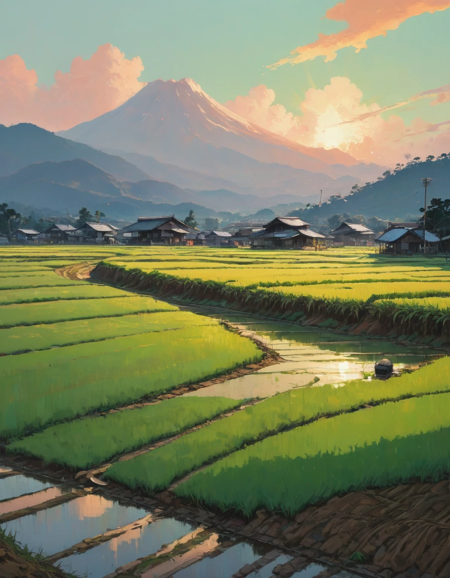 Paddy field, Alena Aenami, Highest quality, masterpiece, Representative works, Official Art, Professional, Super intricate details, 8K