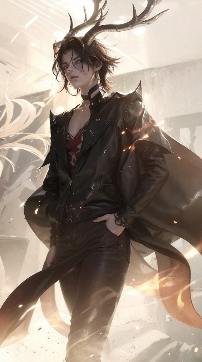 Elongated horns protruding from the forehead, modern clothing, leather jacket, jeans, shadowy face, eerie glowing red eyes, serious expression, high levels of detail, 4K, full HD, best qualityer 