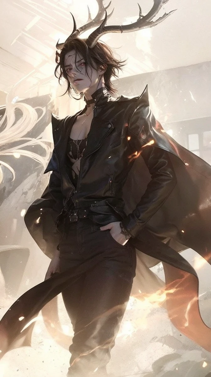 Elongated horns protruding from the forehead, modern clothing, leather jacket, jeans, shadowy face, eerie glowing red eyes, serious expression, high levels of detail, 4K, full HD, best qualityer