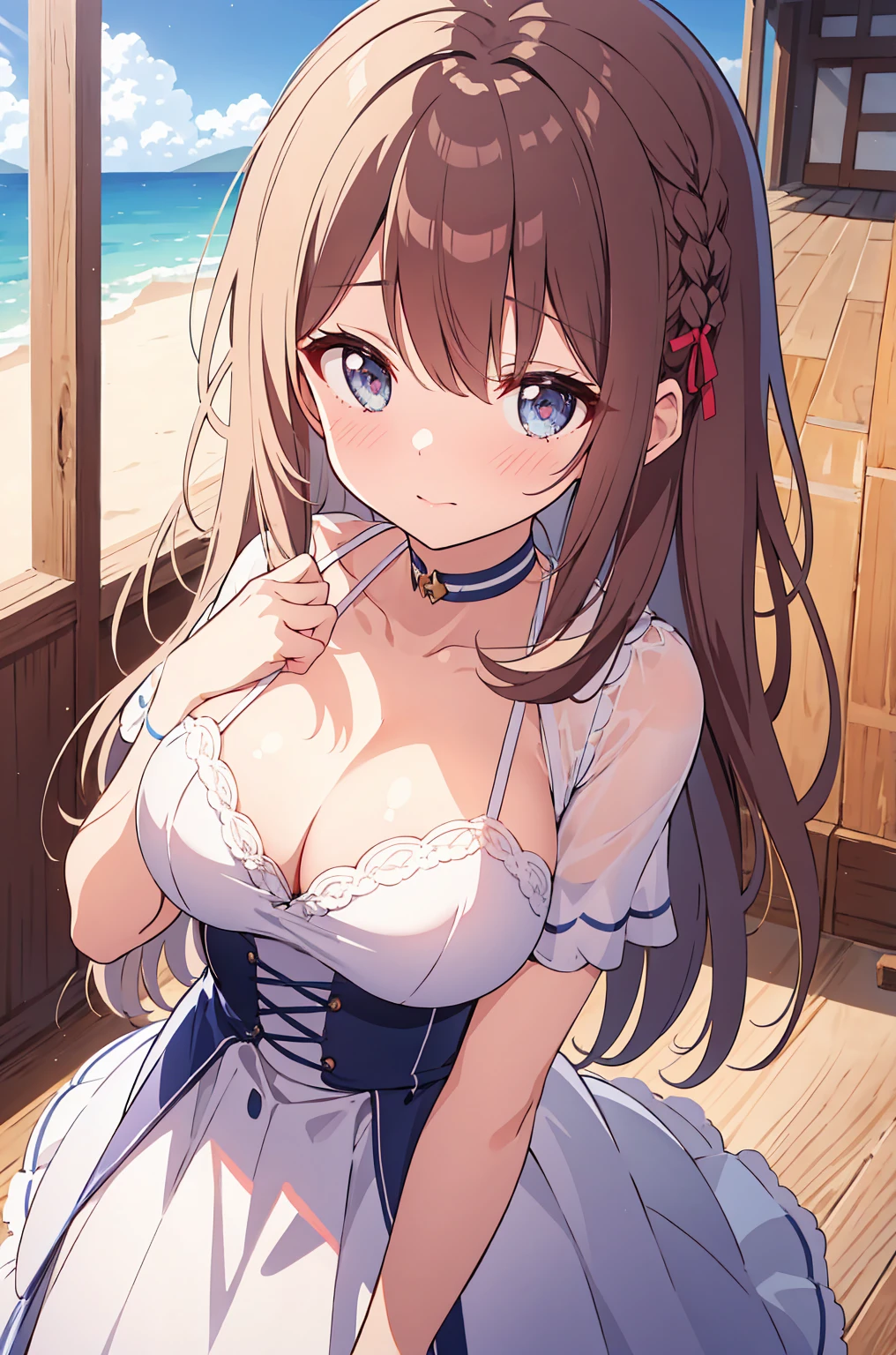 Cute beautiful girl、Large Breasts、Cleavage、Embarrassing posture and pose、Embarrassed blush