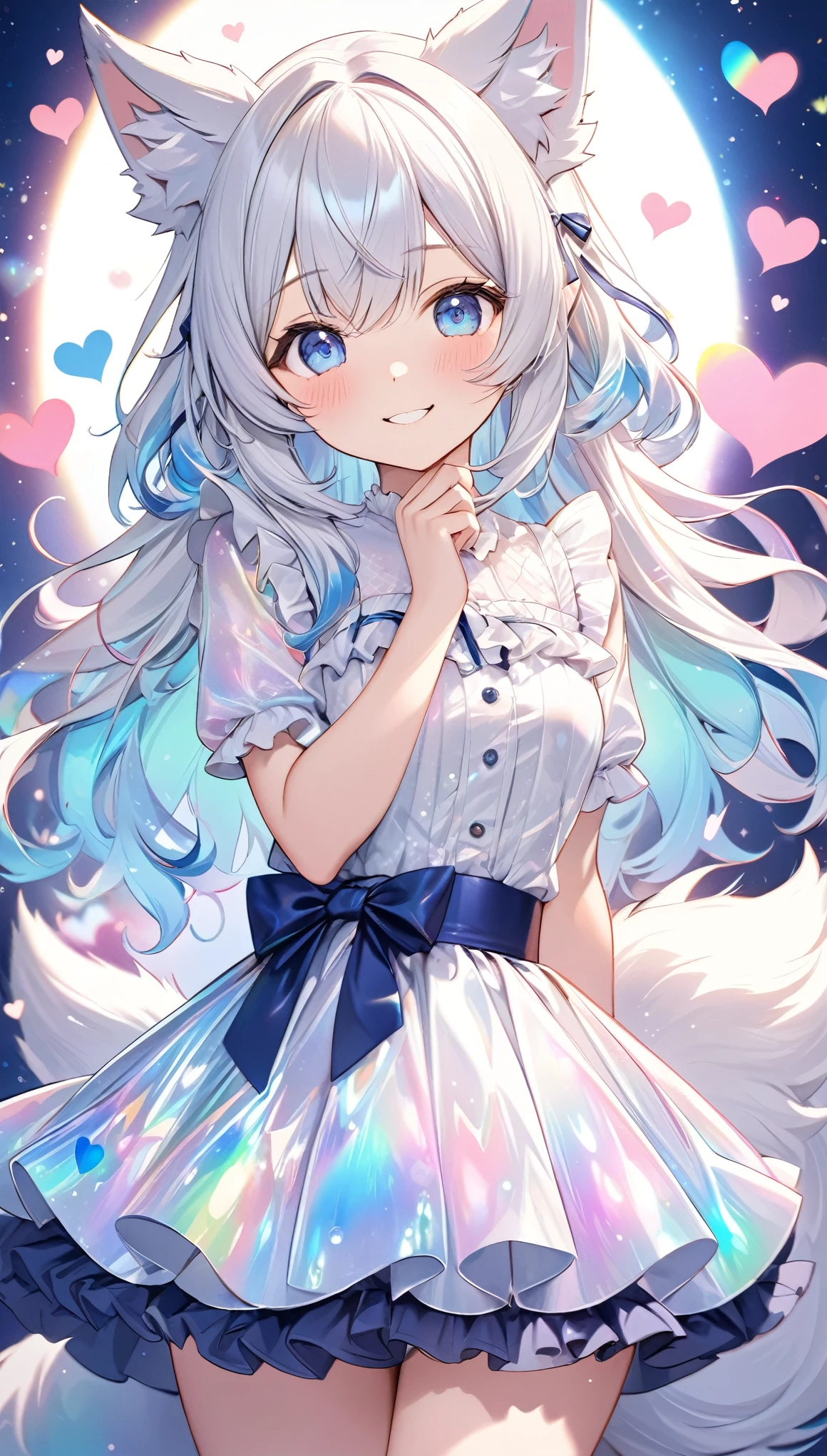 best quality, super fine, 16k, incredibly absurdres, extremely detailed, cute white wolf beast girl, big ears, iridescent blue eyes, smile, shy, wearing cute frilly dress with white frills, navy blue ribbon at waist, sparkling effects, background wallpaper with lots of heart marks in pastel colors