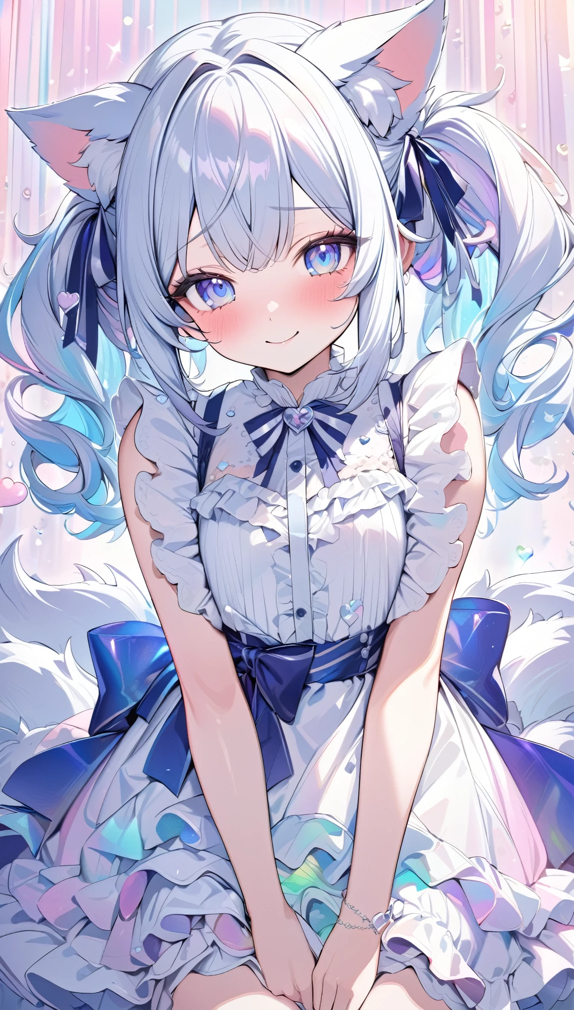 best quality, super fine, 16k, incredibly absurdres, extremely detailed, cute white wolf beast girl, big ears, iridescent blue eyes, smile, shy, wearing cute frilly dress with white frills, navy blue ribbon at waist, sparkling effects, background wallpaper with lots of heart marks in pastel colors
