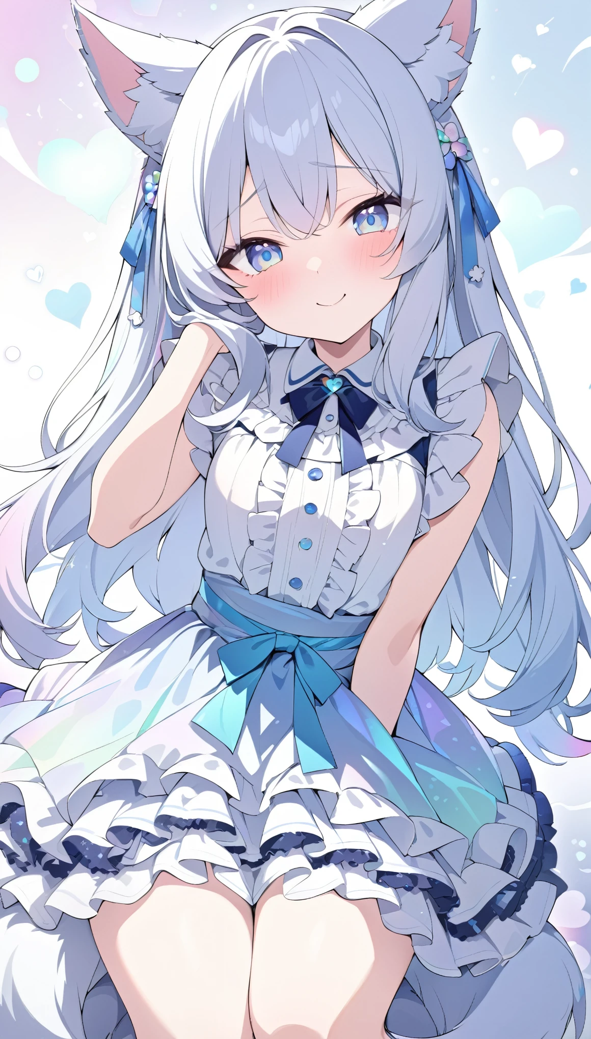 best quality, super fine, 16k, incredibly absurdres, extremely detailed, cute white wolf beast girl, big ears, iridescent blue eyes, smile, shy, wearing cute frilly dress with white frills, navy blue ribbon at waist, sparkling effects, background wallpaper with lots of heart marks in pastel colors