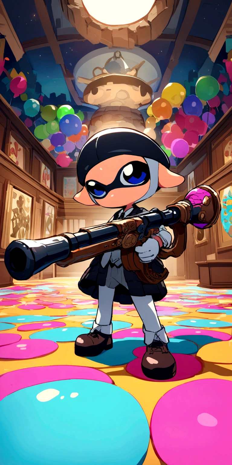 Splatoon Inkling posing with weapon、The background is the Kinmedai Museum.