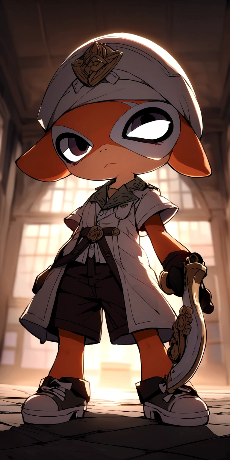 Splatoon Inkling posing with weapon、The background is the Kinmedai Museum.
