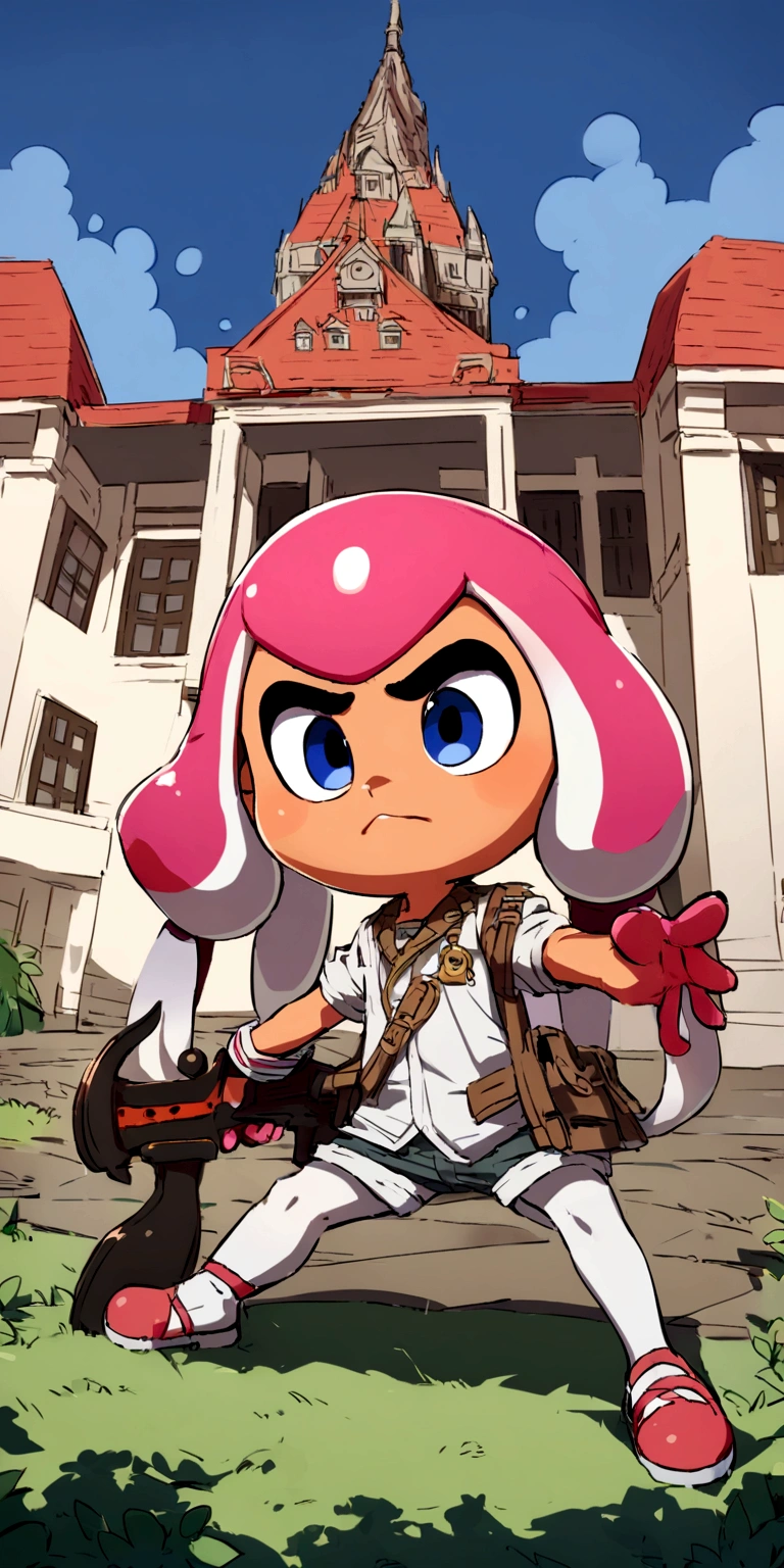 Splatoon Inkling posing with weapon、The background is the Kinmedai Museum.