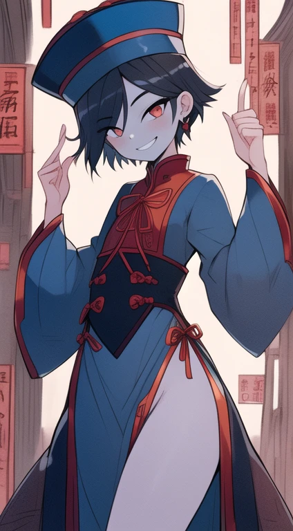 Best quality, Super detailed illustration, Warm colors, perfect lighting, (boy:1.6), (the blue skin:2,6) , short tousled thick hair ,Jiangshi clothing, long sleeves, long skirt with leg cutout on the sides, open legs, Tight-fitting clothing, Guanli hat ,smug smile, Happy , a femboy, small waist, wide hips, slim, Perfect body, full length, tricky glance, Scarlet eyes,black and lilac color of clothes