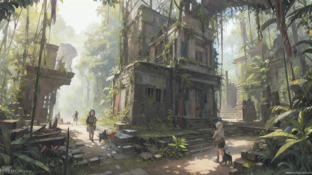 Standing in front of ruins in the jungle、Adventurer girl and dog