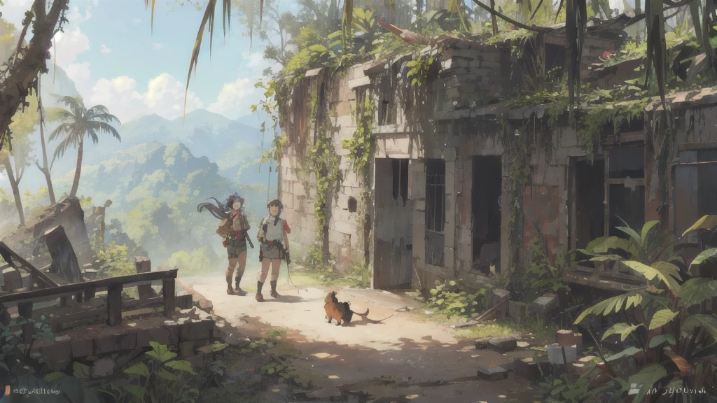 Standing in front of ruins in the jungle、Adventurer girl and dog