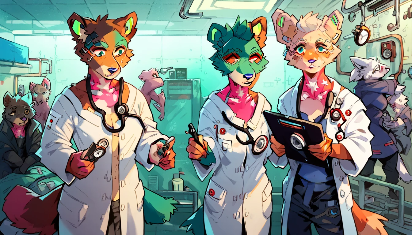 score_9, score_8_up, score_7_up, (cyberpunk city, Hospital, operations room, medicines on background:1.5),
((Folf:1.2), anthro, 2others, crew, gang, [female, male], (portrait, standing), (holding tablet), ((wearing medical robe, doctor pants, doctor's robe), (wearing stethoscope, phonendoscope)), ((fur)), beautiful, (have cyberpunk-style additions)