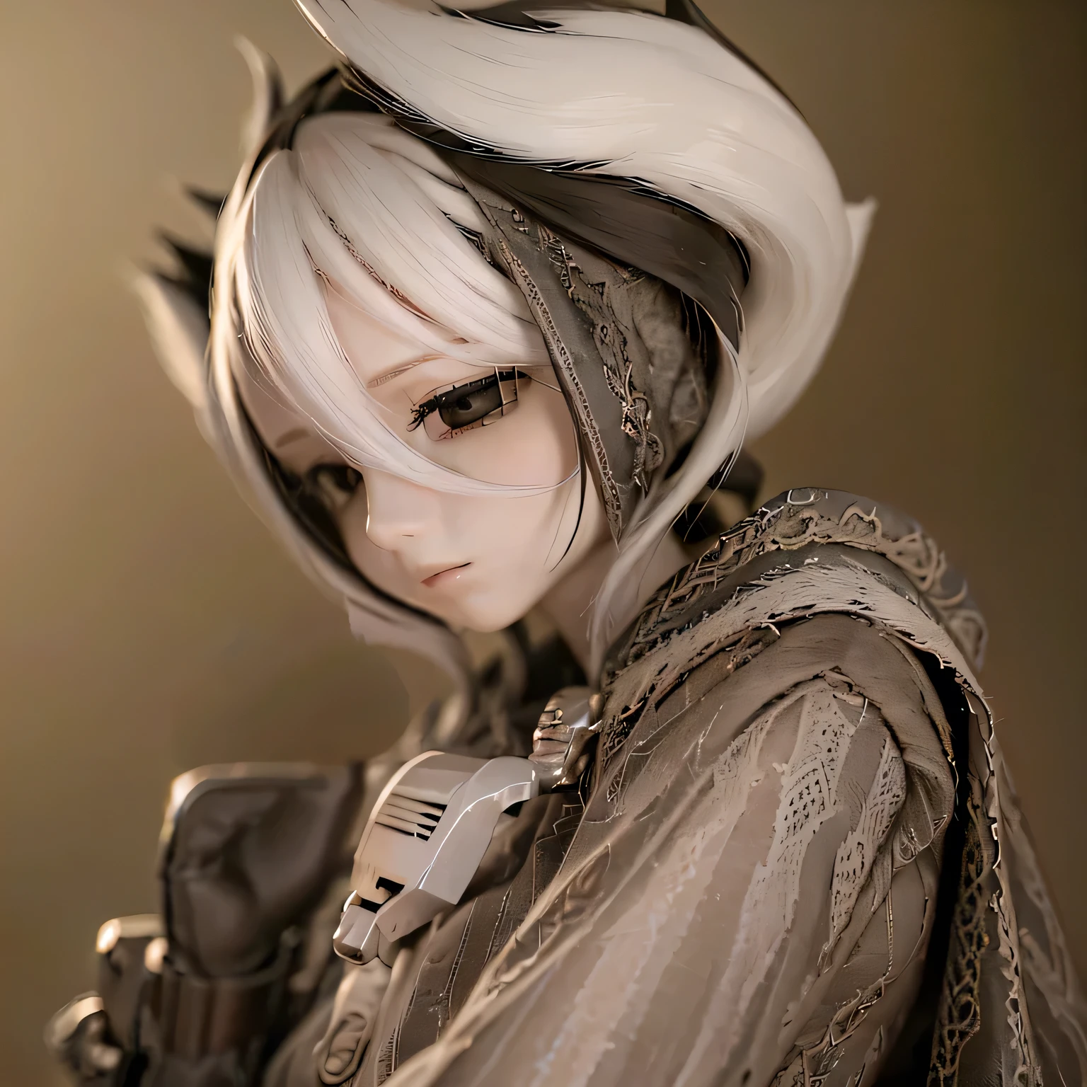 A 2-meter tall Ozen from Made in Abyss, Beautiful attention to detail, Beautiful lip detail, Highly detailed eyes and face, Long eyelashes, Finely crafted mechanical body, gear, pipe, wire, Highly detailed metal parts, Advanced Technology, Futuristic, Cool metallic colors, Dark colors, Chiaroscuro lighting, Dramatic lighting, Cinematic, Award-winning digital art, Epic Scale, masterpiece