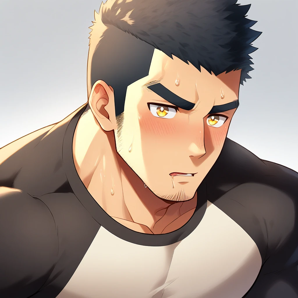anime characters：Gyee, Muscle Sports Student, 1 muscular tough guy, Manliness, male focus, Light yellow high collar long sleeve tight T-shirt, Very tight, The clothes were soaked with sweat, The pectoral muscles are oversized, Slightly transparent, muscular male, muscular, only, Upper body, alone, Black short hair, Thick eyebrows, stubble, Yellow eyes, Grey background, simple background, amazing quality, best aesthetics, Ridiculous, bright pupils, crew cut, parted lips, shy, blush, moaning, saliva trail, drop shadow, best quality