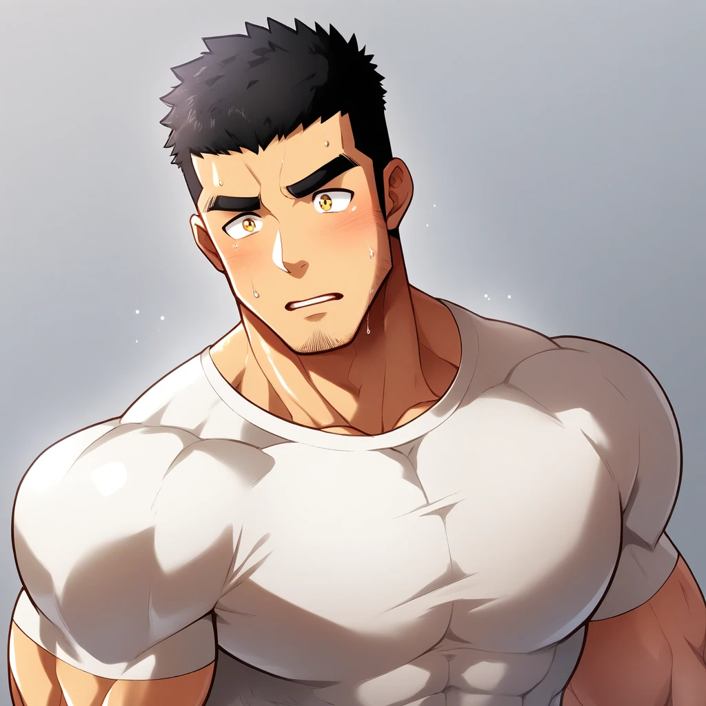 anime characters:Gyee, Muscle Sports Student, 1 muscular tough guy, Manliness, male focus, Light yellow high collar long sleeve tight T-shirt, Very tight, The clothes were soaked with sweat, The pectoral muscles are oversized, Slightly transparent, muscular male, muscular, only, Upper body, alone, Black short hair, Thick eyebrows, stubble, Yellow eyes, Grey background, simple background, amazing quality, best aesthetics, Ridiculous, bright pupils, crew cut, parted lips, shy, blush, moaning, saliva trail, drop shadow, best quality