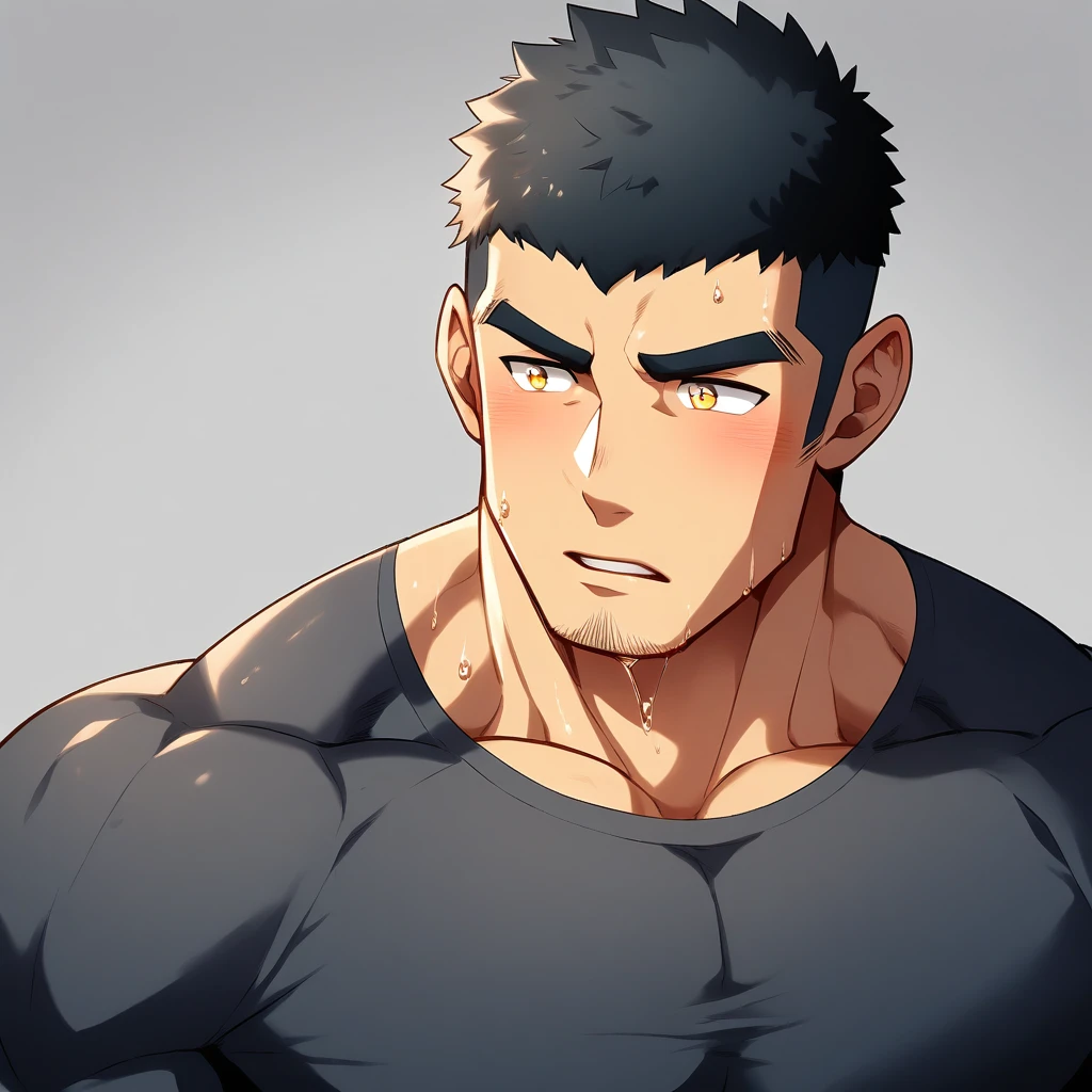 anime characters:Gyee, Muscle Sports Student, 1 muscular tough guy, Manliness, male focus, Light yellow high collar long sleeve tight T-shirt, Very tight, The clothes were soaked with sweat, The pectoral muscles are oversized, Slightly transparent, muscular male, muscular, only, Upper body, alone, Black short hair, Thick eyebrows, stubble, Yellow eyes, Grey background, simple background, amazing quality, best aesthetics, Ridiculous, bright pupils, crew cut, parted lips, shy, blush, moaning, saliva trail, drop shadow, best quality