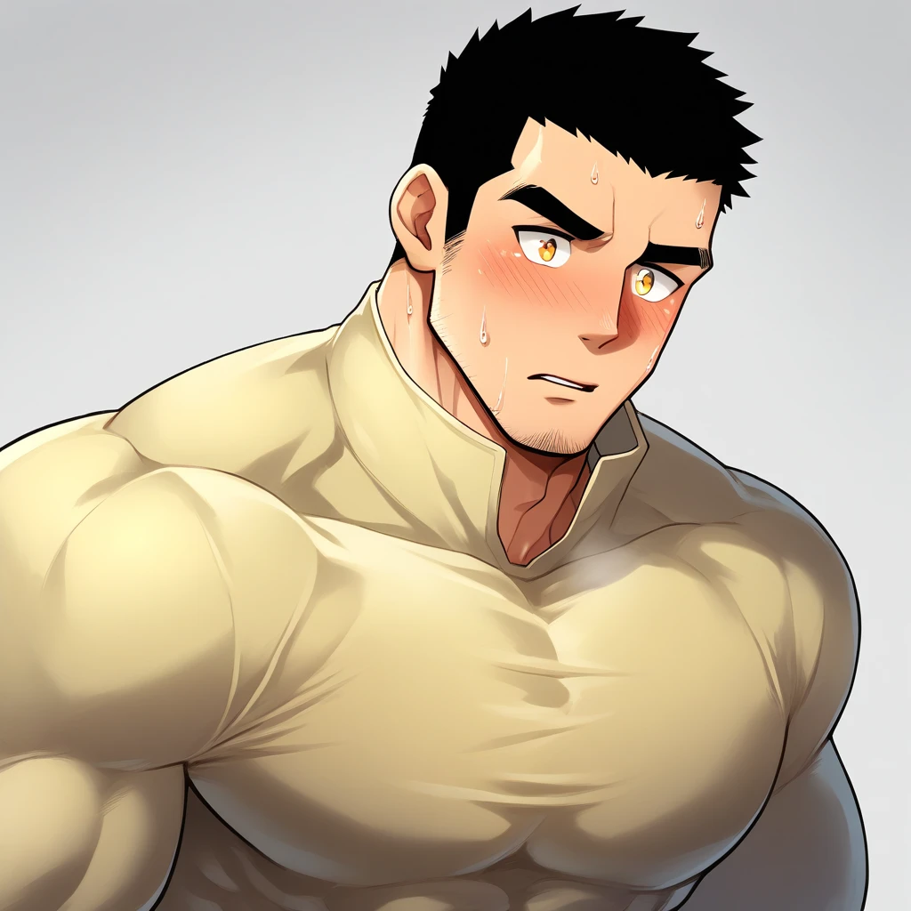 anime characters:Gyee, Muscle Sports Student, 1 muscular tough guy, Manliness, male focus, Light yellow high collar long sleeve tight T-shirt, Very tight, The clothes were soaked with sweat, The pectoral muscles are oversized, Slightly transparent, muscular male, muscular, only, Upper body, alone, Black short hair, Thick eyebrows, stubble, Yellow eyes, Grey background, simple background, amazing quality, best aesthetics, Ridiculous, bright pupils, crew cut, parted lips, shy, blush, moaning, saliva trail, drop shadow, best quality