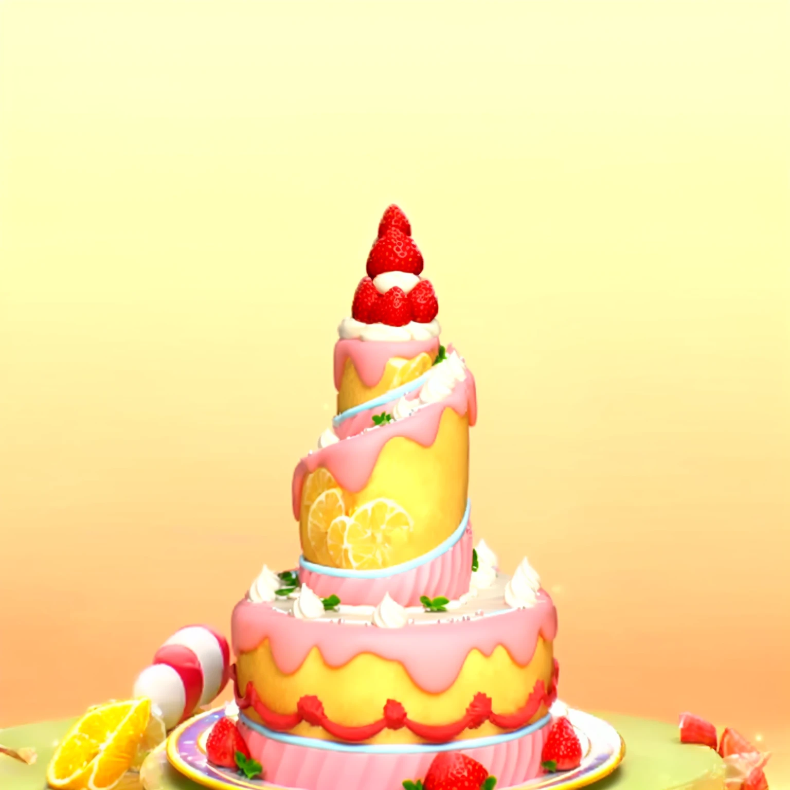 there is a large cake with strawberries on top of it, birthday cake, cake art, cake, the greatest cake, highly detailed scene, cake sculpture, cute:2, baking a cake, hyper detailed scene, cakes, 🐿🍸🍋, highly_detailed!!, fantasy bakery, stylized as a 3d render, super realistic food picture, hight decorated