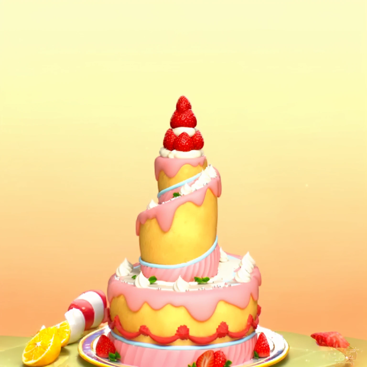 there is a large cake with strawberries on top of it, birthday cake, cake art, cake, the greatest cake, highly detailed scene, cake sculpture, cute:2, baking a cake, hyper detailed scene, cakes, 🐿🍸🍋, highly_detailed!!, fantasy bakery, stylized as a 3d render, super realistic food picture, hight decorated