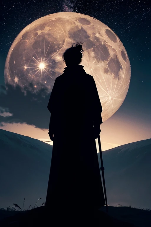 Highest quality,Big moon and shadow,A silhouette of a person can be seen against the backdrop of a large moon.,There is one full moon,There is a mood,Beautiful scenery,Starry Sky