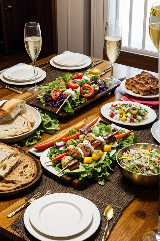 Colorful image of a table with dishes set for four people: Skewers, bread, salads, champagne.