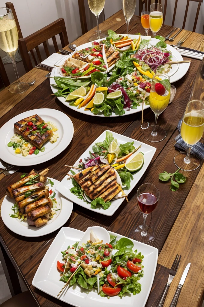 Colorful image of a table with dishes set for four people: Skewers, bread, salads, champagne.