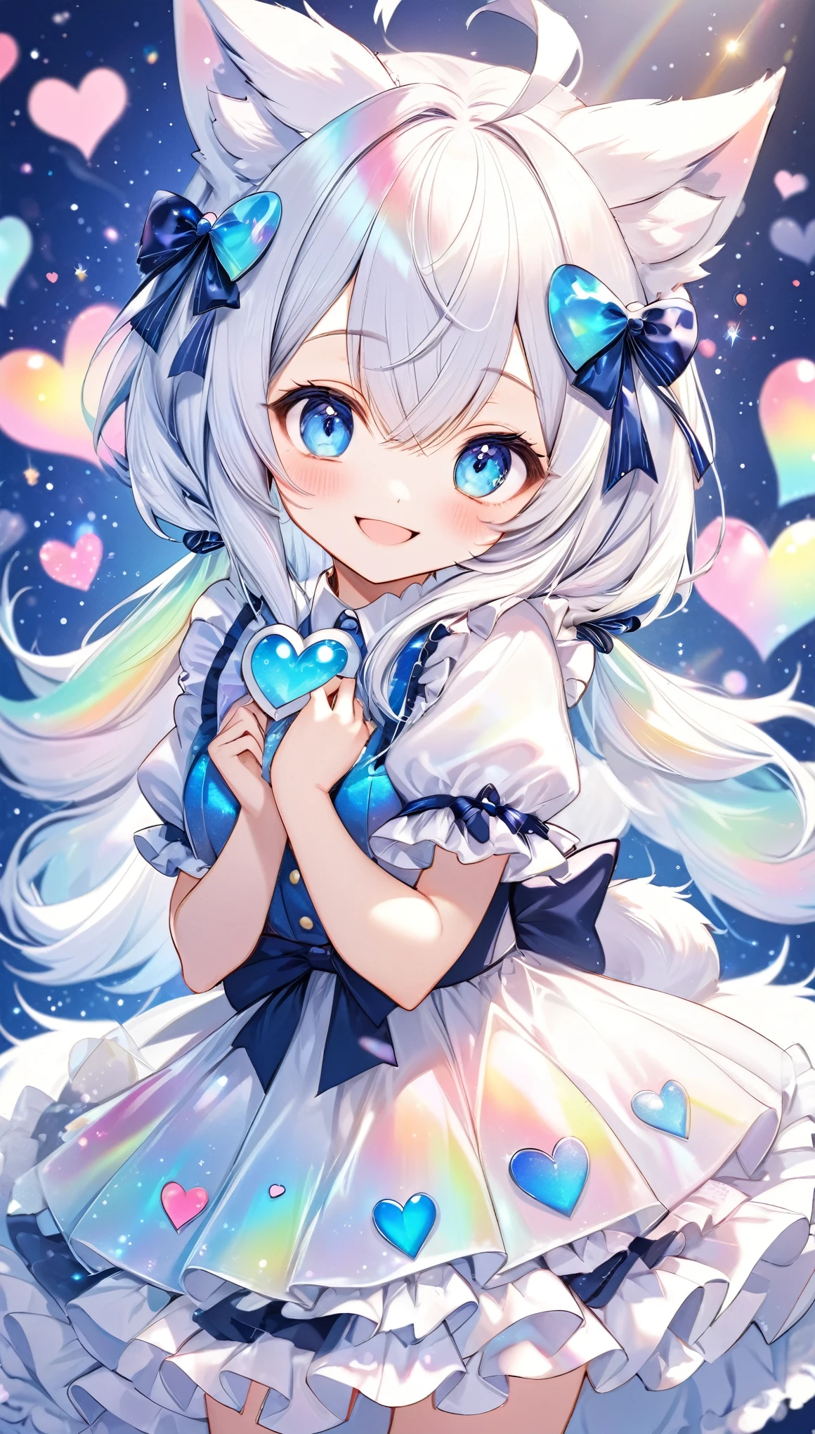 best quality, super fine, 16k, incredibly absurdres, extremely detailed, cute white wolf beast girl, big ears, iridescent blue eyes, smile, shy, wearing cute frilly dress with white frills, navy blue ribbon at waist, sparkling effects, background wallpaper with lots of heart marks in pastel colors