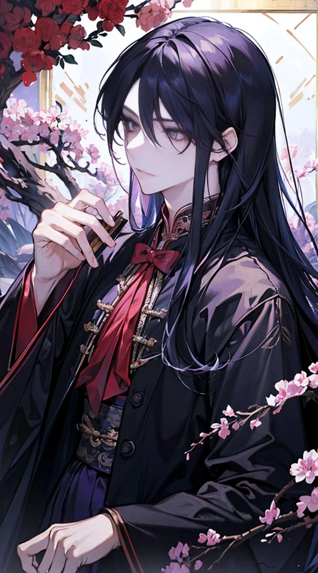 ((Best quality)), ((masterpiece)),((Practical)),(detailed)(whole body照片:1.5),(masterpiece, best quality, illustration), 1 , 1 Adult male,26 years old,Black long hair,Tall,enchanting,flirtatious,Male and female,身材Tall,Man who looks like a woman,emaciated,披散的Black long hair,Flowing long hair,Crazy expression,Scarlet eyes flashing red light,Purple Eyeshadow,Black purple robe (Robe decorated with crow feathers),It's a waist-baring tights inside,宽大的antiquity袍子,The robe is embroidered with a black python , whole body, (Fighting action poses),whole body的图片,whole body 身材匀称,No Expression,Easy,Lazy posture (Magic Effects: 1.3), (Flowing clothing: 1.2),China风,Xian Xia,极其detailed,Highest quality,8K,Highest definition,antiquity,Magic Cultivator,The Grandmaster of Demonic Cultivation,antiquityXian Xia,China,antiquityChina,Robe corset,Martial Arts,Xian Xia,Fantasy style,antiquity玄幻,antiquity长袍