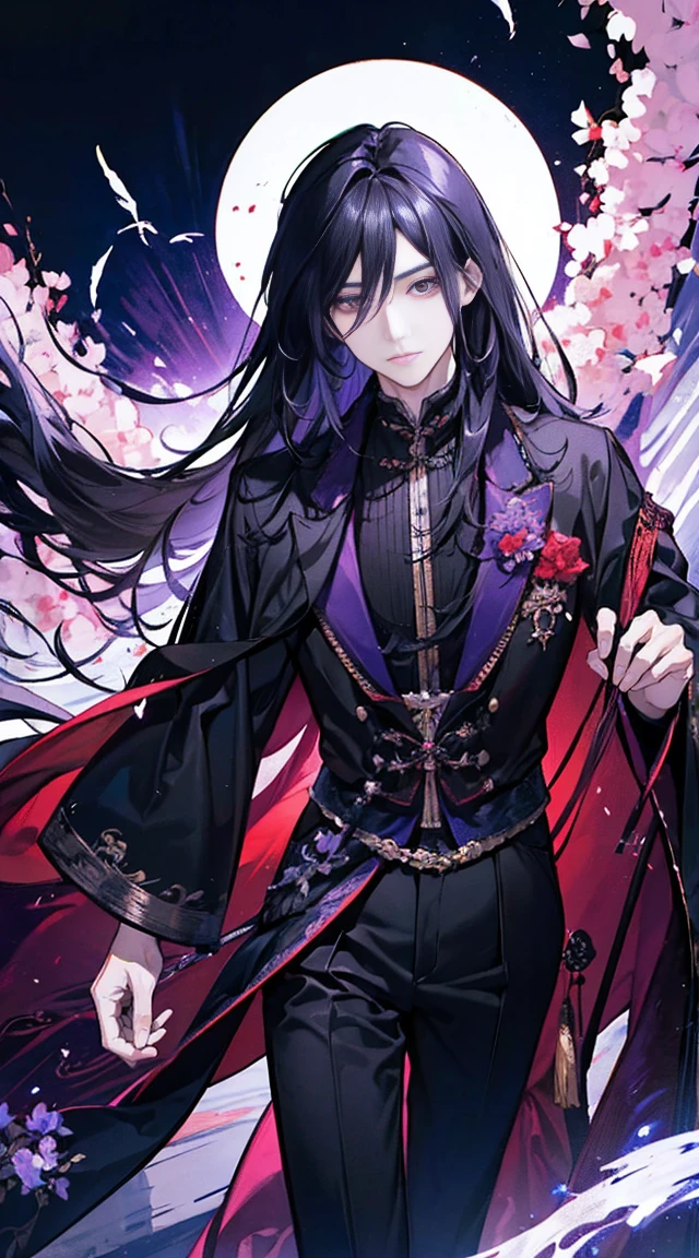 ((Best quality)), ((masterpiece)),((Practical)),(detailed)(whole body照片:1.5),(masterpiece, best quality, illustration), 1 , 1 Adult male,26 years old,Black long hair,Tall,enchanting,flirtatious,Male and female,身材Tall,Man who looks like a woman,emaciated,披散的Black long hair,Flowing long hair,Crazy expression,Scarlet eyes flashing red light,Purple Eyeshadow,Black purple robe (Robe decorated with crow feathers),It's a waist-baring tights inside,宽大的antiquity袍子,The robe is embroidered with a black python , whole body, (Fighting action poses),whole body的图片,whole body 身材匀称,No Expression,Easy,Lazy posture (Magic Effects: 1.3), (Flowing clothing: 1.2),China风,Xian Xia,极其detailed,Highest quality,8K,Highest definition,antiquity,Magic Cultivator,The Grandmaster of Demonic Cultivation,antiquityXian Xia,China,antiquityChina,Robe corset,Martial Arts,Xian Xia,Fantasy style,antiquity玄幻,antiquity长袍