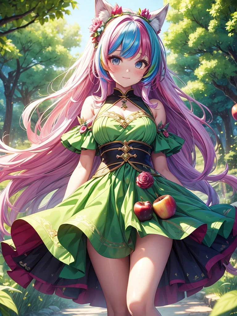 A girl the size of a flower, whole body, Princess with multicolored hair, Shining Beauty，Vibrant charm，shimalin、Apple Green, A skirt that swells like an apple, high quality, Fantasy apple forest detailed background, The guest is Happy Wolf、