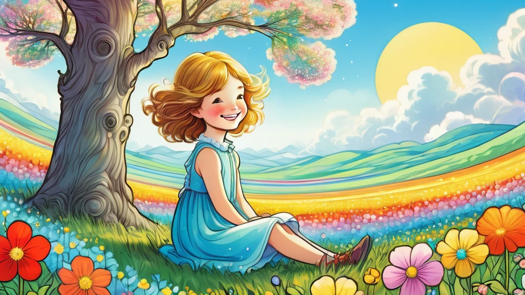 ((Close-up of a  smiling while sitting in a flower field with a large central focus))、looks happy,An illustration,pop,colorfulに,draw with thick lines,color,Tree Branch、Happy dreams,Warm and full of happiness,,colorful,Fancy,Fantasy,,Detailed explanation,fluffy,Randolph Caldecott Style