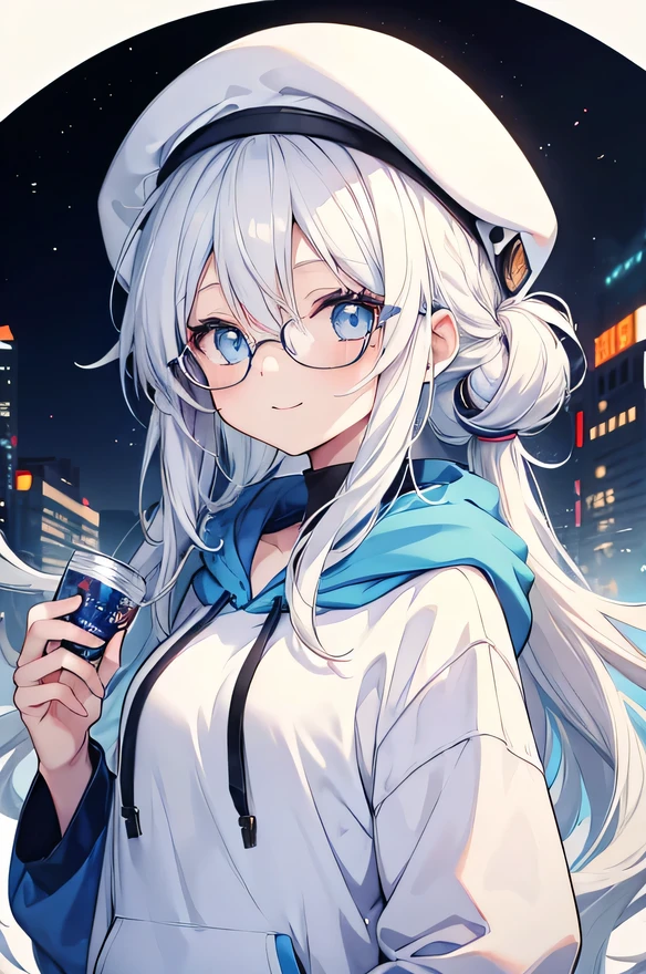 girl, cute anime girl, smiling, white hair, long hair, hair tied back, messy hair, big eyes, light blue eyes, moe style anime, wearing hoodie, beret hat, round glasses