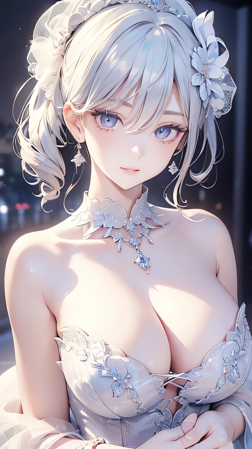 UHD, ((masterpiece)), super detail, (detailed eyes, detailed face), high quality, highres, high details, Gorgeous dress, fashion show, cleavage, silk gloves, hair accessories, diamond necklaces, white hair, Mature adult woman, sidelong glance, In the spotlight