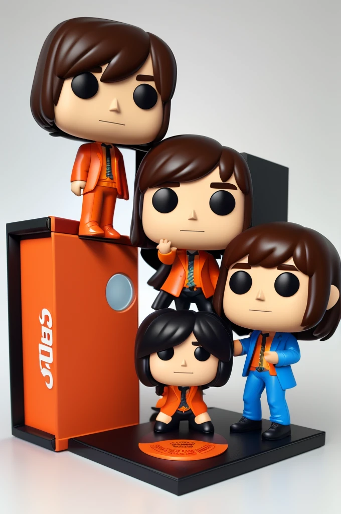 make a 3D model of A Pop Rock vinyl figure of {{{The Beatles}}} with orange outfit style Funko Pop box, photographed on a white background,  Super High ultra resolution, hyper photorealistic, 255K, super hyper, Sony A7S Ill, f/ 9.0, 1/400. sharp-focus, megapixel.