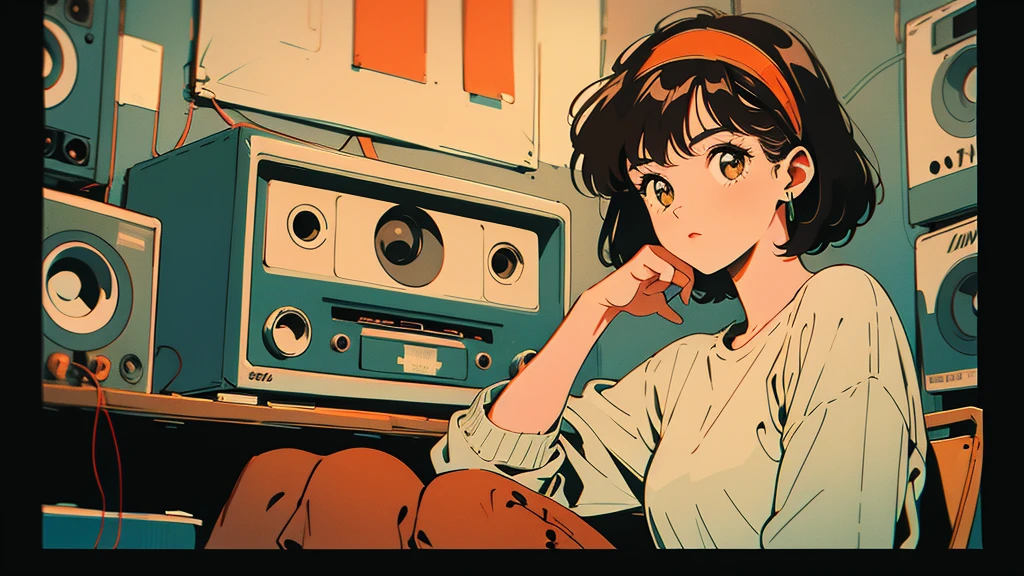 girl holding a cassette tape.A woman with short brown hair sitting in front of a speaker. The woman has an orange headband, large eyes, and a simple white shirt. Vintage audio equipment can be seen in the background. The whole place has a nostalgic atmosphere.