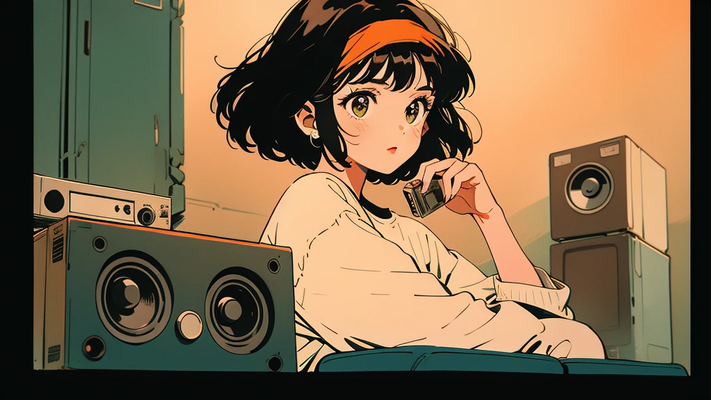 girl holding a cassette tape.A woman with short brown hair sitting in front of a speaker. The woman has an orange headband, large eyes, and a simple white shirt. Vintage audio equipment can be seen in the background. The whole place has a nostalgic atmosphere.