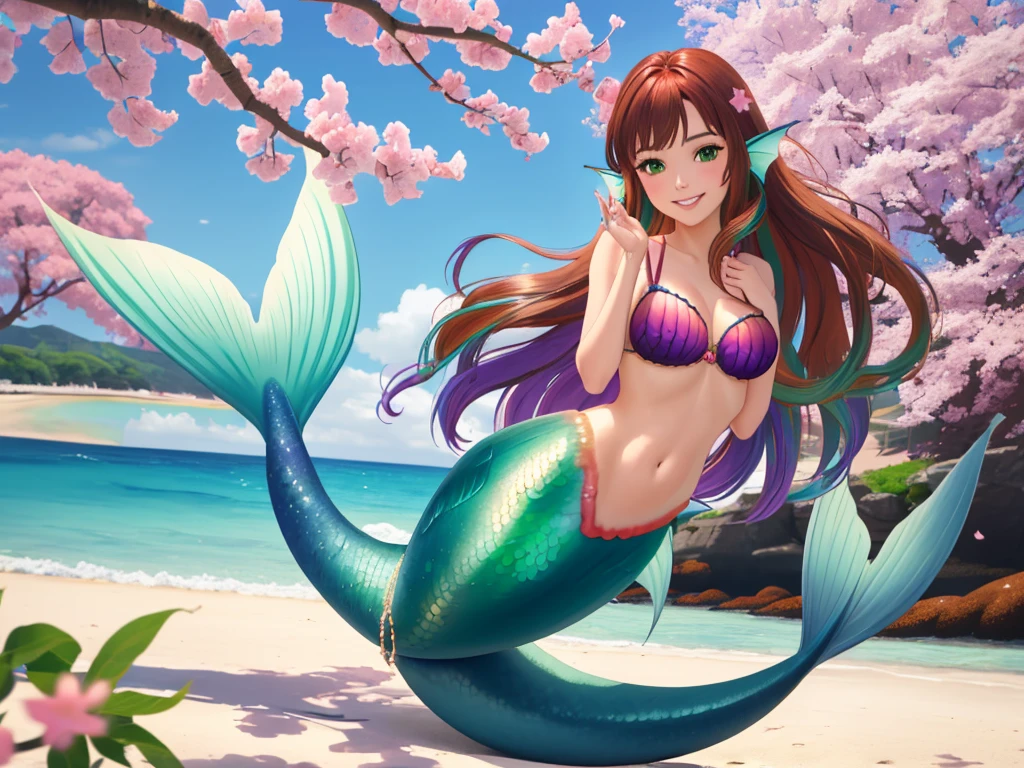 masterpiece, best quality:1.2), 1girl, smile, looking at viewer, green eyes, short brown multicolored hair, mermaid, mermaid girl, wearing purple seashell bra, laying on belly on beach, colorful mermaid tail, outdoors, head fins, fin ears, under cherry blossoms