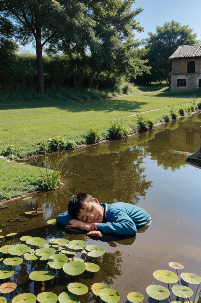 Boy sleeping near pond in a village