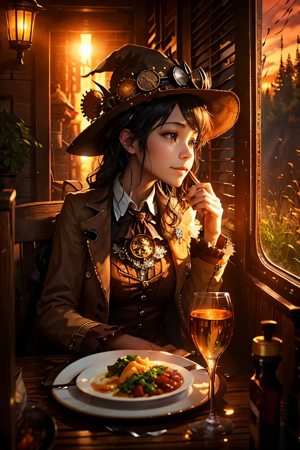 スチームbreadク。(Highest quality:1.2)。One Woman。スチームbreadクな魔女。A kind smile。Meals on the table: bread, Cheese and soup。Inside the witch's house。Looking out the window。Outside the window, a beautiful forest sunset spreads out..。